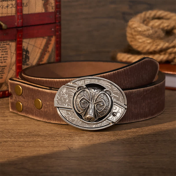 Tribal Silver Guardian Bear Head DIY Hidden Folding Knife Buckle Leather Belt - Tragen - Brauner, abgenutzter Gürtel - 42 - image 7
