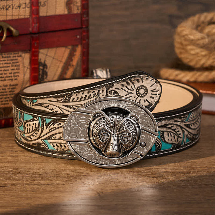 Tribal Silver Guardian Bear Head DIY Hidden Folding Knife Buckle Leather Belt - Tragen - Grauer Gürtel mit Blumenmuster - 42 - image 9