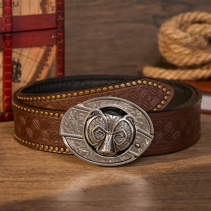 Tribal Silver Guardian Bear Head DIY Hidden Folding Knife Buckle Leather Belt - Tragen - Brauner Nietgürtel - 42 - image 5