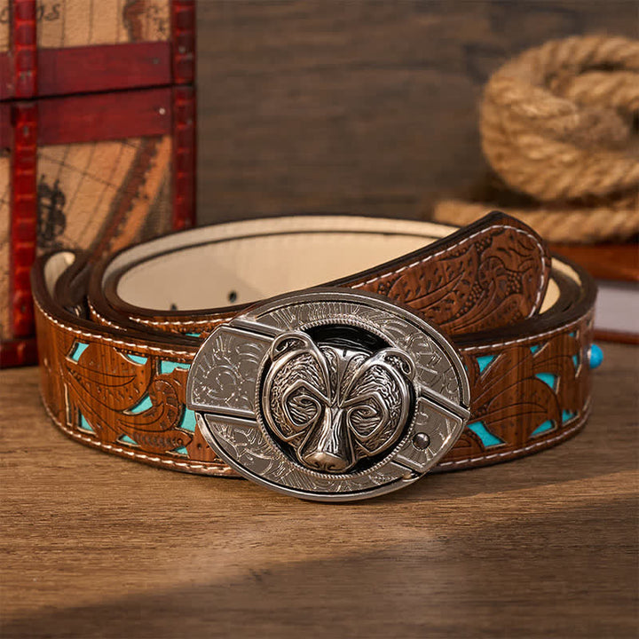 Tribal Silver Guardian Bear Head DIY Hidden Folding Knife Buckle Leather Belt - Tragen - Türkisfarbener, geschnitzter Gürtel - 42 - image 4