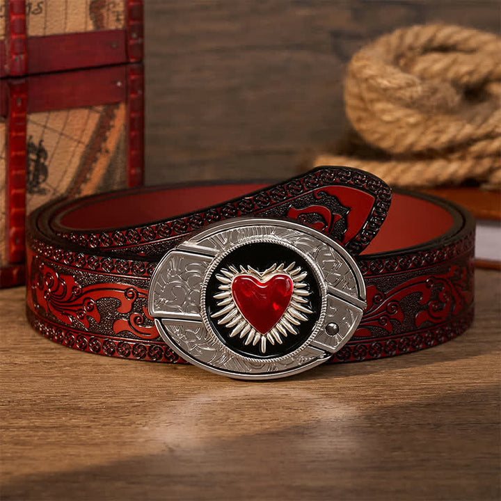 Flaming Red Heart DIY Verstecktes Klappmesser Schnalle Ledergürtel - Rotes Heiliges Herz - Brauner geschnitzter Gürtel - 42 - image 6