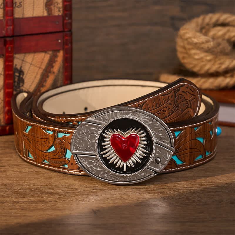 Flaming Red Heart DIY Verstecktes Klappmesser Schnalle Ledergürtel - Rotes Heiliges Herz - Türkisfarbener, geschnitzter Gürtel - 42 - image 3