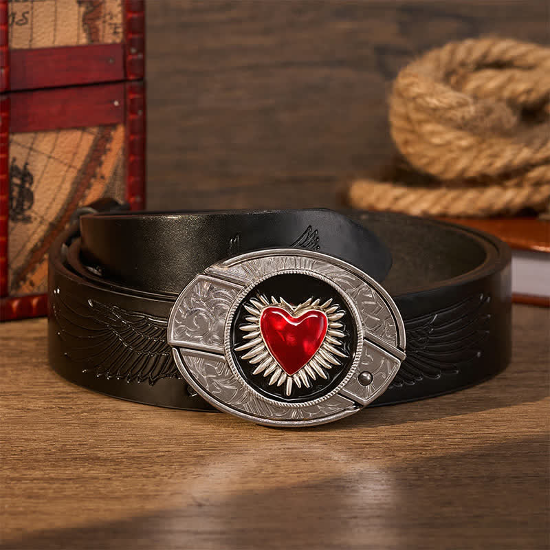 Flaming Red Heart DIY Verstecktes Klappmesser Schnalle Ledergürtel - Rotes Heiliges Herz - Schwarzer Gürtel mit Adlerprägung - 42 - image 2