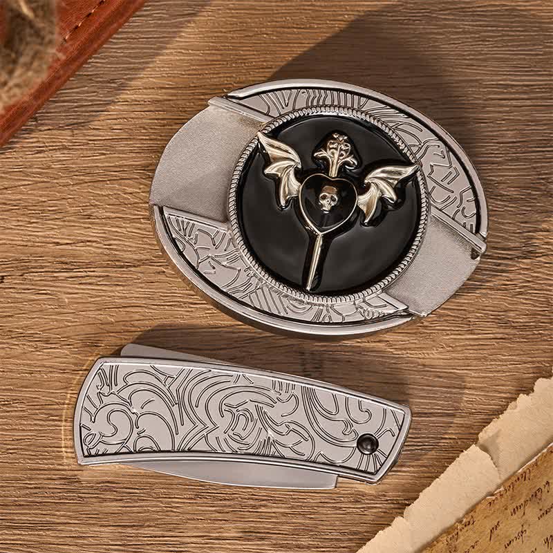 Fledermausflügel, dunkler Totenkopf, DIY-Verstecktes Klappmesser, Schnalle, Ledergürtel - image 9