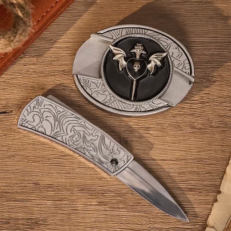 Fledermausflügel, dunkler Totenkopf, DIY-Verstecktes Klappmesser, Schnalle, Ledergürtel - image 1