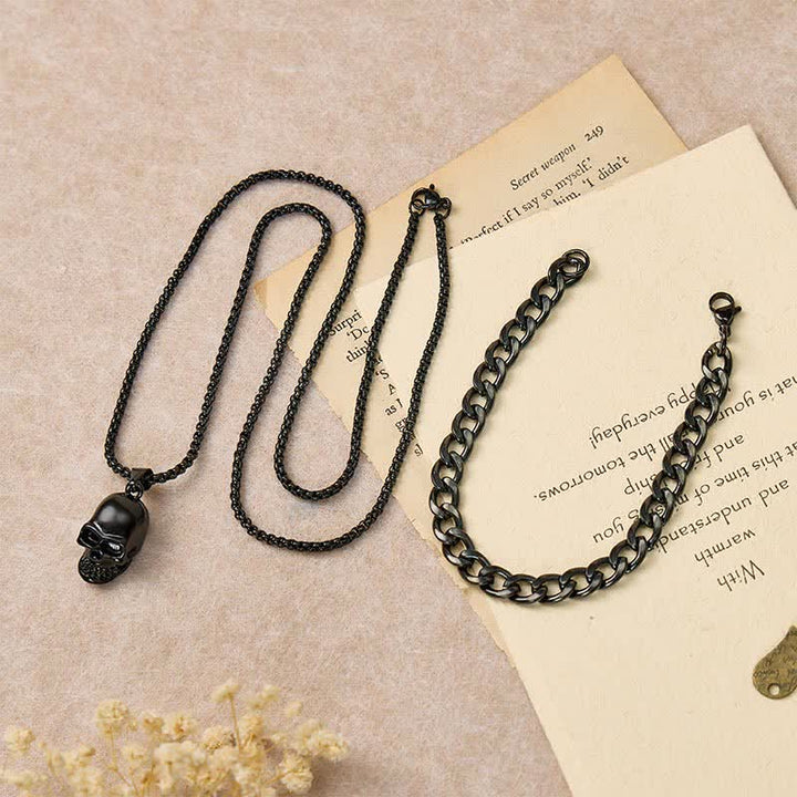 2-teiliges Set aus schwarzer Totenkopf-Halskette und kubanischem Armband für Herren - image 1