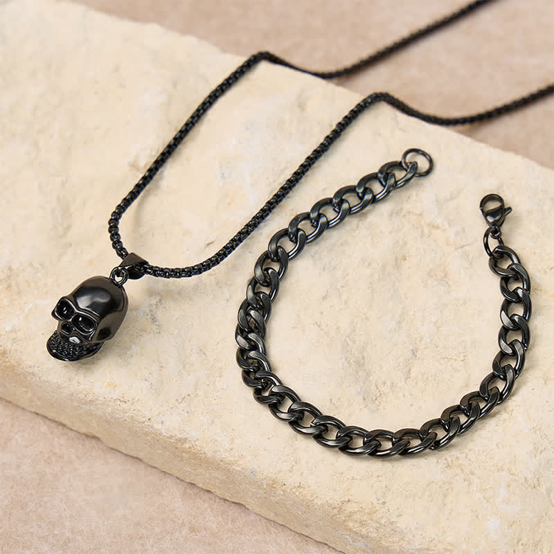 2-teiliges Set aus schwarzer Totenkopf-Halskette und kubanischem Armband für Herren - Schwarz - image 0