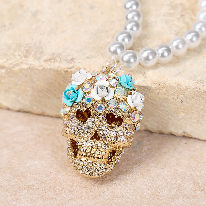 Perlenkette mit floralem Kristall-Strass-Zuckerschädel-Motiv - Gold - image 0