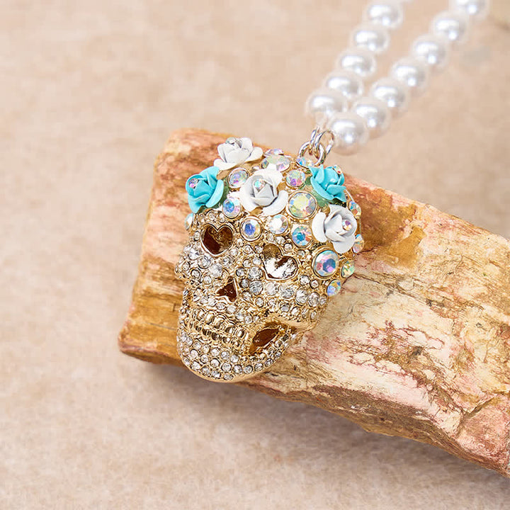 Perlenkette mit floralem Kristall-Strass-Zuckerschädel-Motiv - image 3