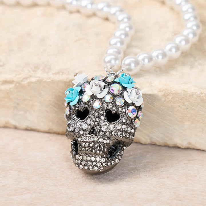 Perlenkette mit floralem Kristall-Strass-Zuckerschädel-Motiv - Schwarz - image 4