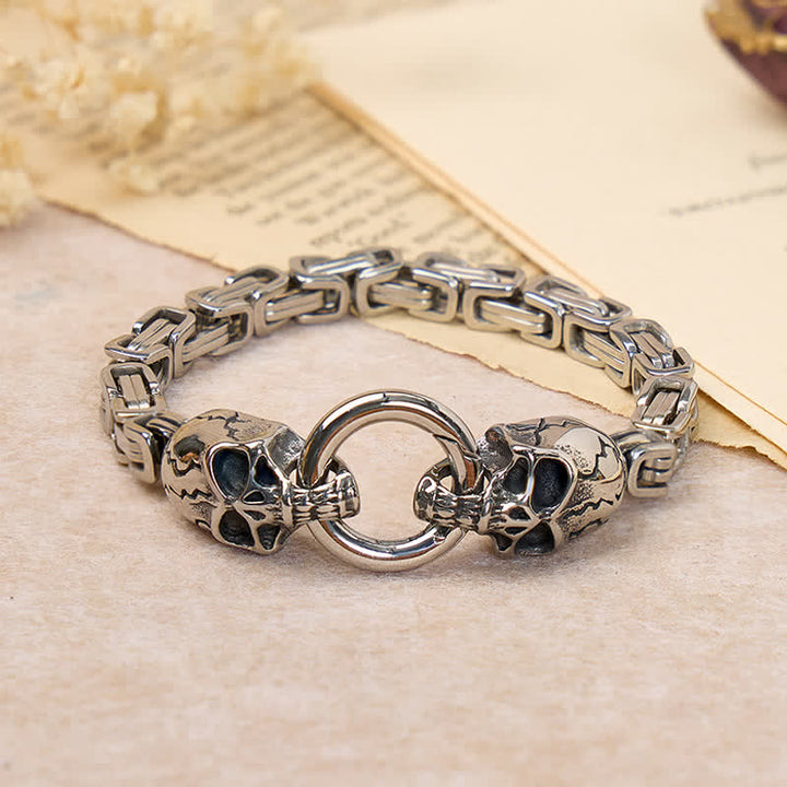 Doppelte Totenkopfkette, schweres, klobiges Biker-Armband - Silber - 9,06 Zoll / 23 cm - image 0