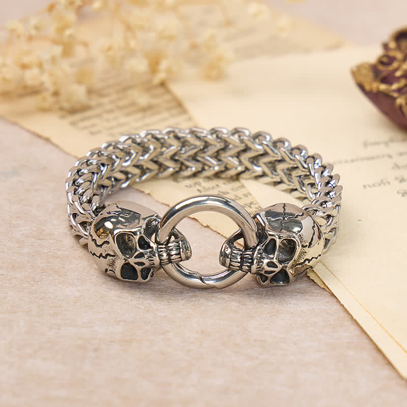 Doppeltes Totenkopf-Armband für Herren mit O-Ring-Karabinerverschluss - Silber - 9,45" / 24 cm - image 0