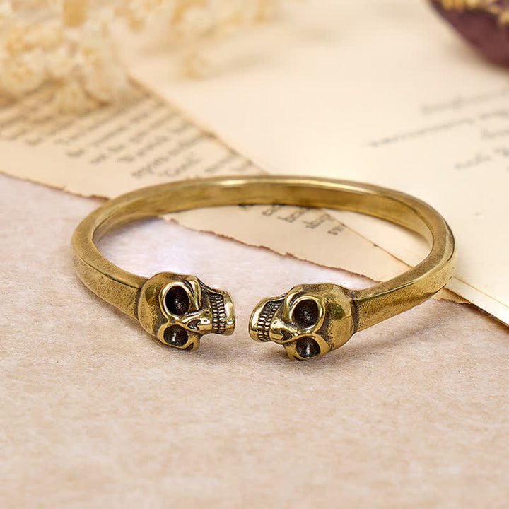 Gothic Bronze Doppelschädel Schweres Messing Offenes Armband - Messing - image 0