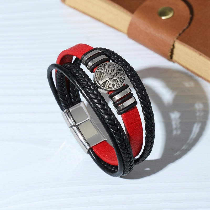 Western-Armband aus schwarzem geflochtenem Leder mit Lebensbaum-Motiv und Magnetverschluss - Rot - image 0
