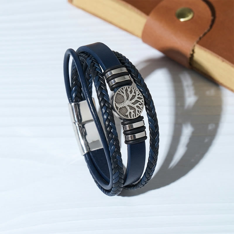 Western-Armband aus schwarzem geflochtenem Leder mit Lebensbaum-Motiv und Magnetverschluss - Blau - image 4
