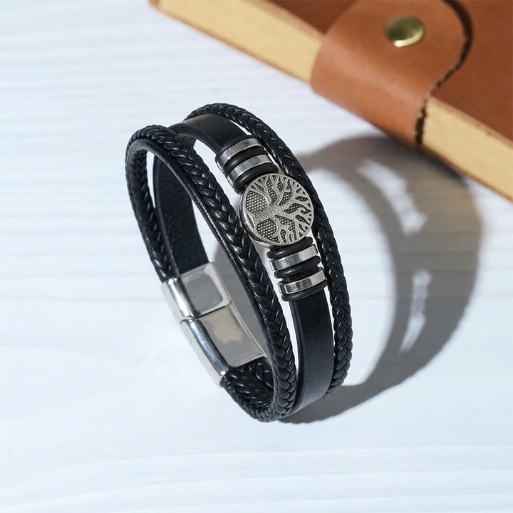 Western-Armband aus schwarzem geflochtenem Leder mit Lebensbaum-Motiv und Magnetverschluss - Schwarz - image 2