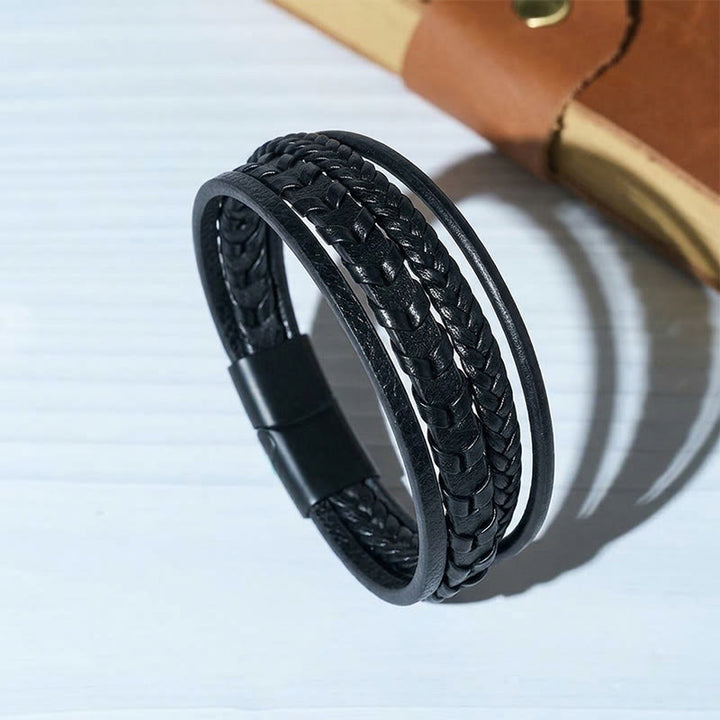 Western Herren-Armband aus geflochtenem Leder mit Magnetverschluss und mehreren Lagen - Schwarz - 23 cm - image 2