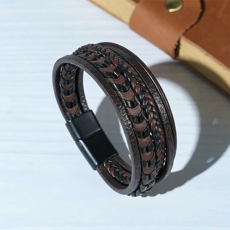 Western Herren-Armband aus geflochtenem Leder mit Magnetverschluss und mehreren Lagen - Kaffee - 23 cm - image 0