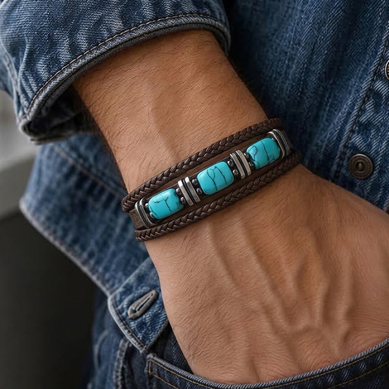 Herrenarmband aus geflochtenem Leder im Western-Stil mit Türkis-Akzenten - image 1