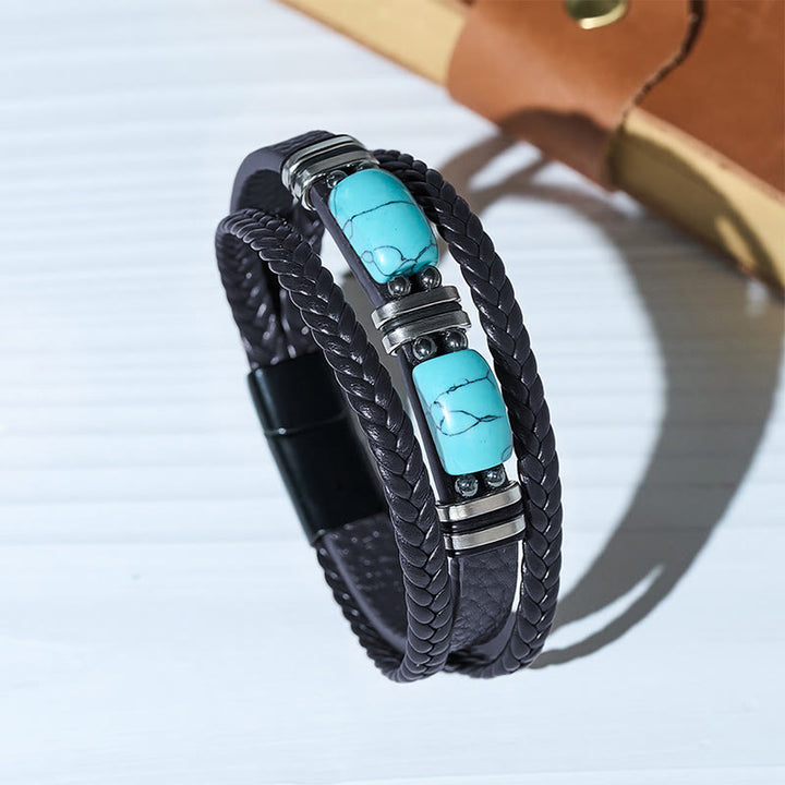 Herrenarmband aus geflochtenem Leder im Western-Stil mit Türkis-Akzenten - Schwarz - 9,06 Zoll / 23 cm - image 4