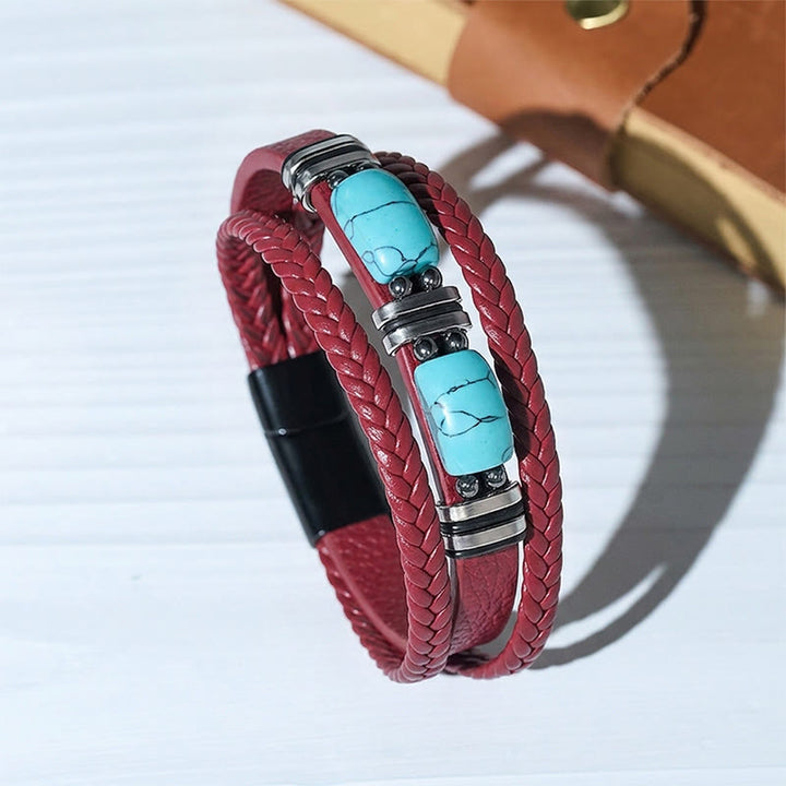 Herrenarmband aus geflochtenem Leder im Western-Stil mit Türkis-Akzenten - Rot - 9,06 Zoll / 23 cm - image 2