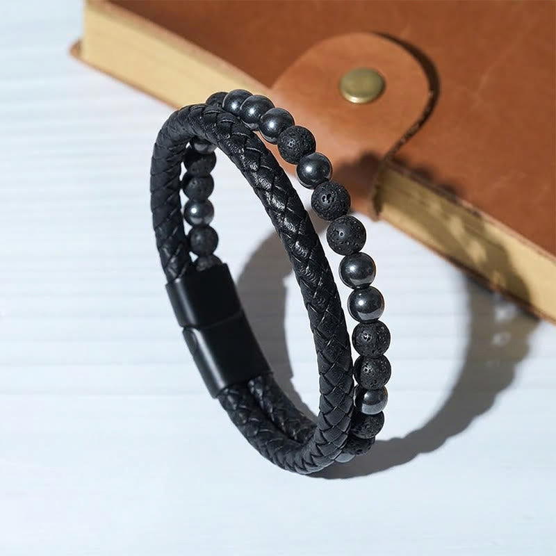 Vintage-Western-Armband für Herren aus gemischtem Leder und Lavastein, mehrlagig - Stil Nr. 4 - 9,06 Zoll / 23 cm - image 2