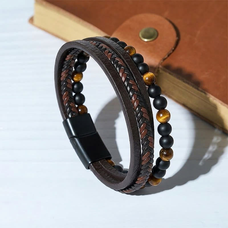 Vintage-Western-Armband für Herren aus gemischtem Leder und Lavastein, mehrlagig - Stil Nr. 1 - 9,06 Zoll / 23 cm - image 0