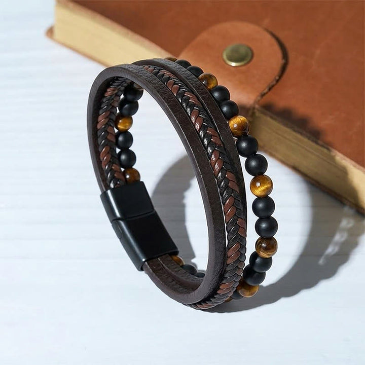 Vintage-Western-Armband für Herren aus gemischtem Leder und Lavastein, mehrlagig - Stil Nr. 1 - 9,06 Zoll / 23 cm - image 0