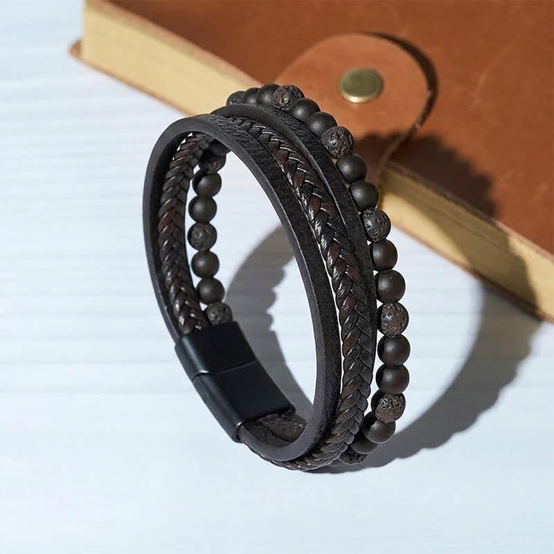 Vintage-Western-Armband für Herren aus gemischtem Leder und Lavastein, mehrlagig - Stil Nr. 3 - 9,06 Zoll / 23 cm - image 3