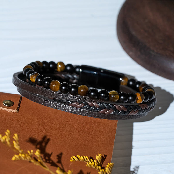 Vintage-Western-Armband für Herren aus gemischtem Leder und Lavastein, mehrlagig - image 8
