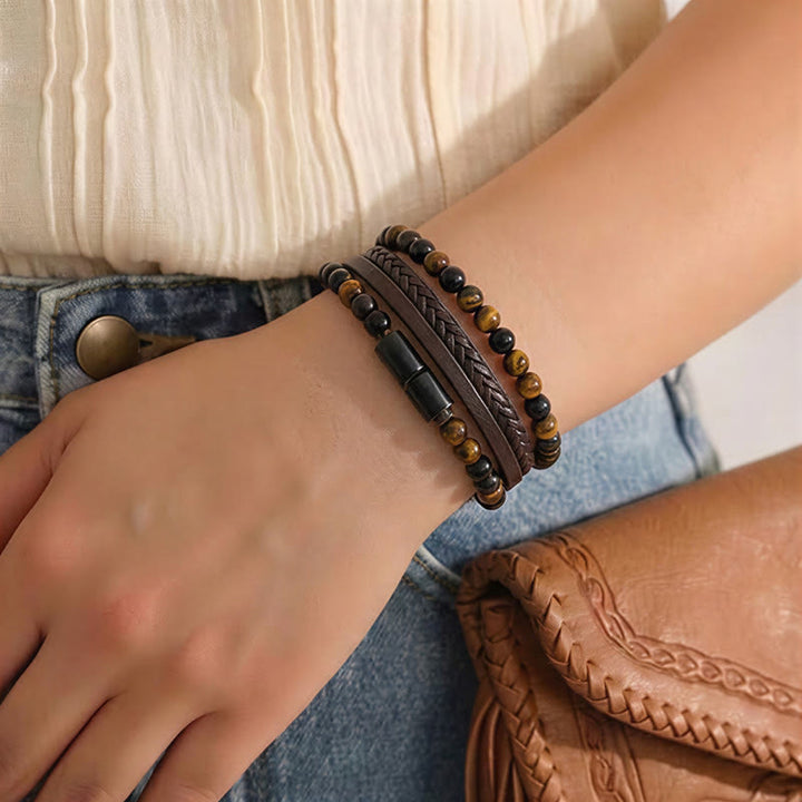 Vintage-Western-Armband für Herren aus gemischtem Leder und Lavastein, mehrlagig - image 5