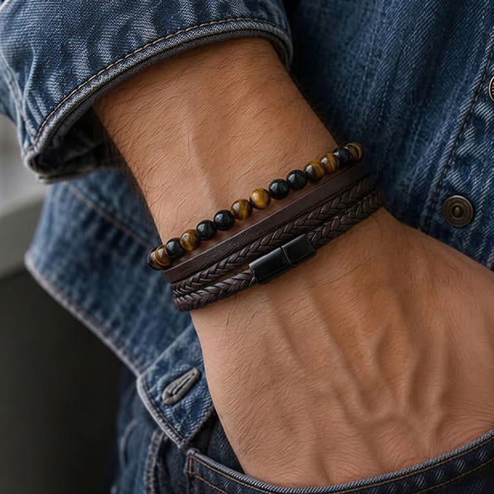 Vintage-Western-Armband für Herren aus gemischtem Leder und Lavastein, mehrlagig - image 1