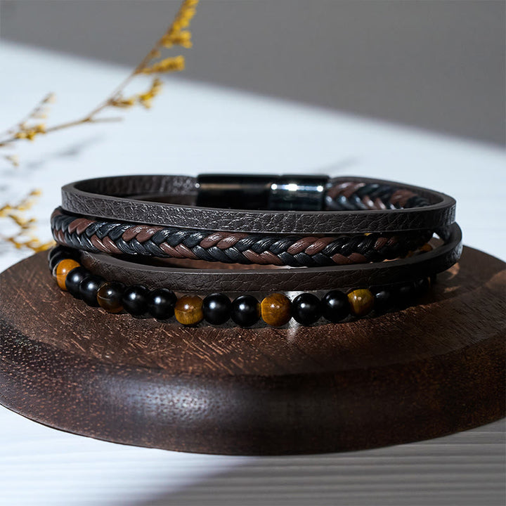 Vintage-Western-Armband für Herren aus gemischtem Leder und Lavastein, mehrlagig - image 6