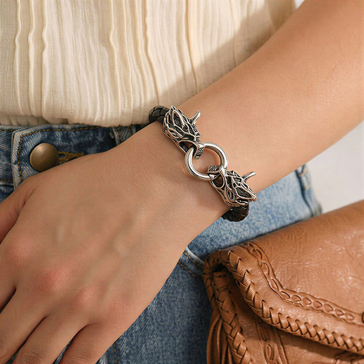 Vintage Wikinger-Armband für Herren aus geflochtenem Leder mit zwei Wolfsköpfen - image 2