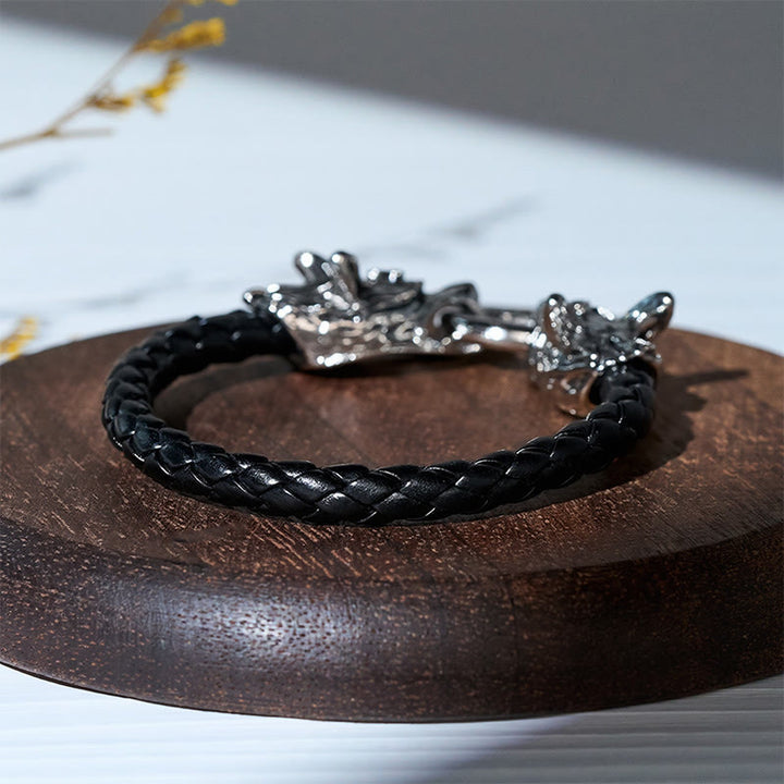 Vintage Wikinger-Armband für Herren aus geflochtenem Leder mit zwei Wolfsköpfen - image 4