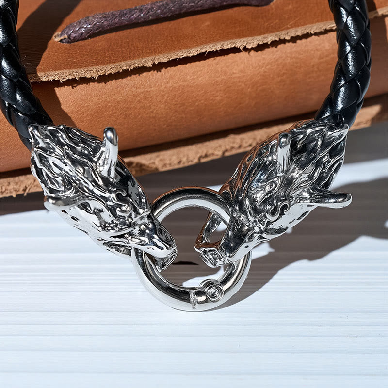 Vintage Wikinger-Armband für Herren aus geflochtenem Leder mit zwei Wolfsköpfen - image 5