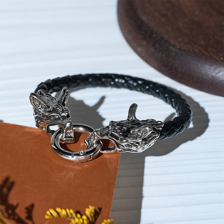Vintage Wikinger-Armband für Herren aus geflochtenem Leder mit zwei Wolfsköpfen - image 3