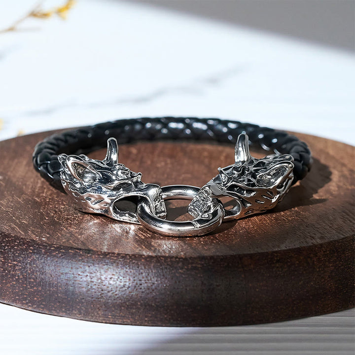 Vintage Wikinger-Armband für Herren aus geflochtenem Leder mit zwei Wolfsköpfen - 23 cm - image 0