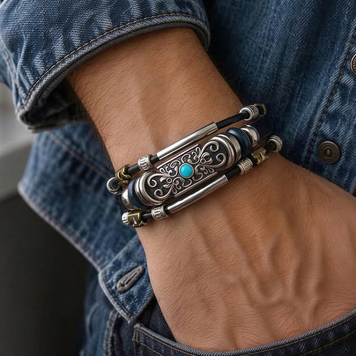 Vintage-Armband für Herren aus Leder im Westernstil mit blauem Stein und Filigranmuster - image 1