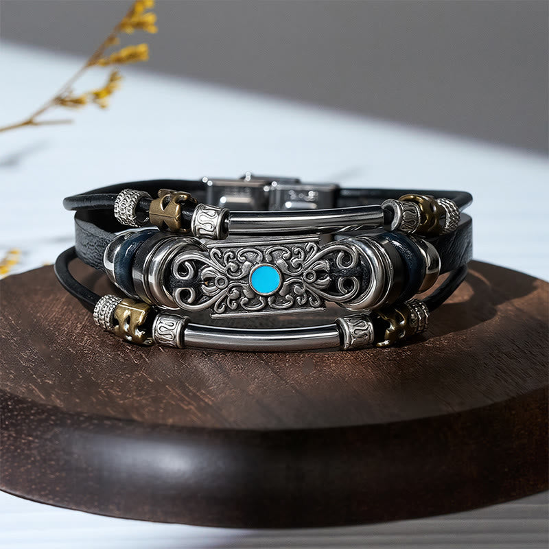 Vintage-Armband für Herren aus Leder im Westernstil mit blauem Stein und Filigranmuster - image 3