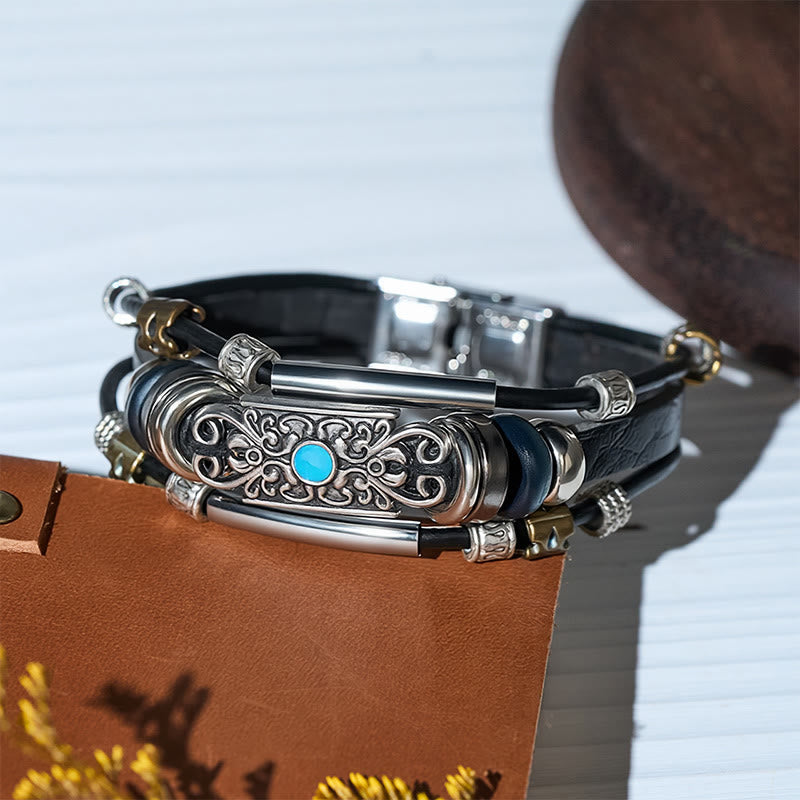 Vintage-Armband für Herren aus Leder im Westernstil mit blauem Stein und Filigranmuster - image 5