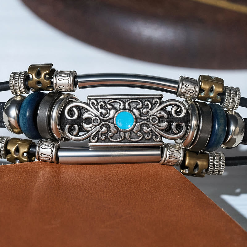 Vintage-Armband für Herren aus Leder im Westernstil mit blauem Stein und Filigranmuster - image 6