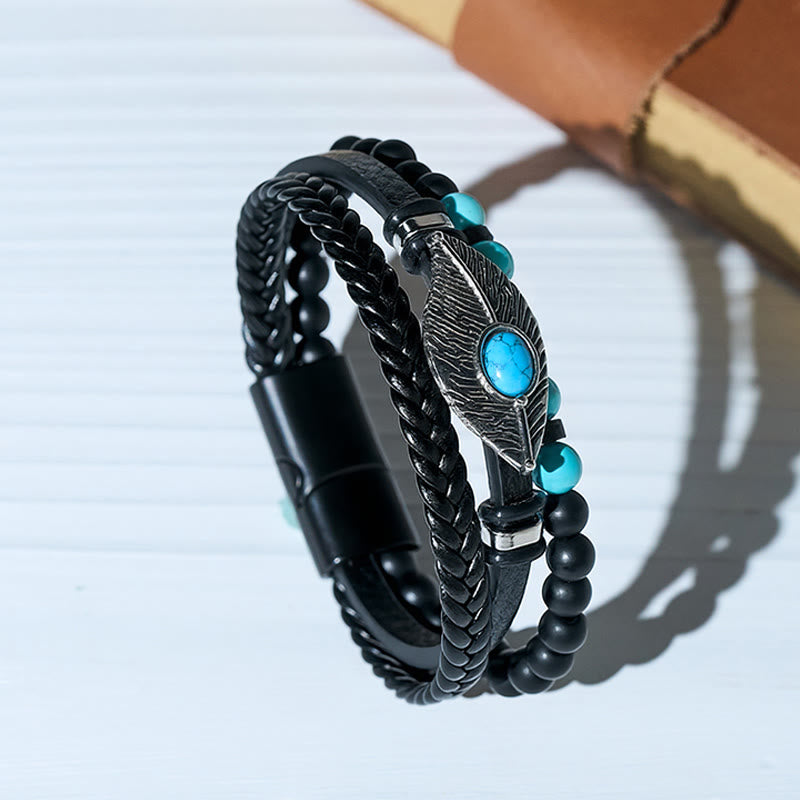 Boho-Western-Lederarmband für Herren mit Feder, Edelsteinen und Magnetverschluss - Stil Nr. 2 - 23 cm - image 0