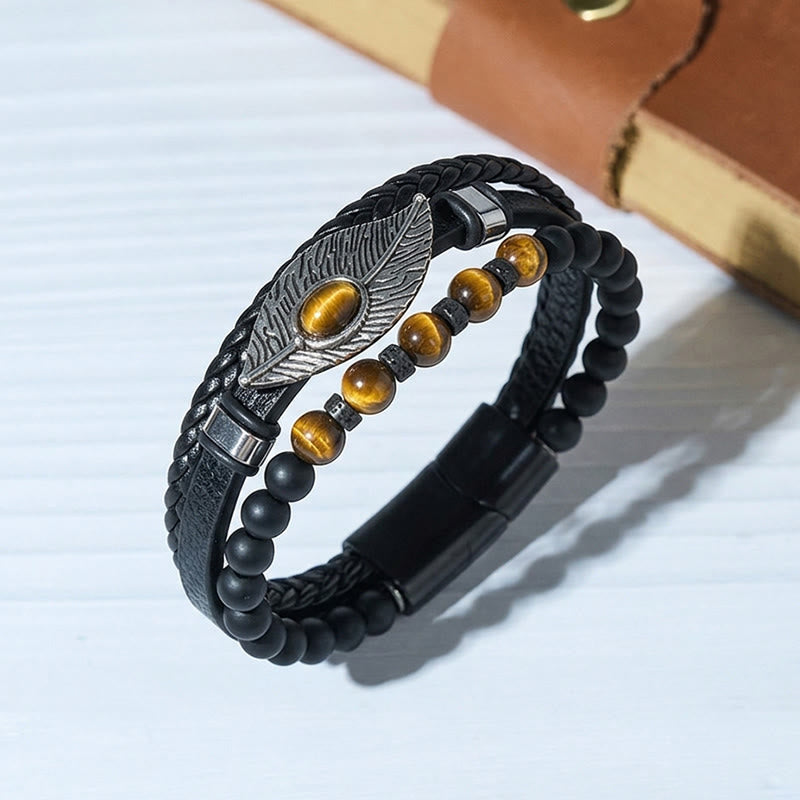 Boho-Western-Lederarmband für Herren mit Feder, Edelsteinen und Magnetverschluss - Stil Nr. 1 - 23 cm - image 2