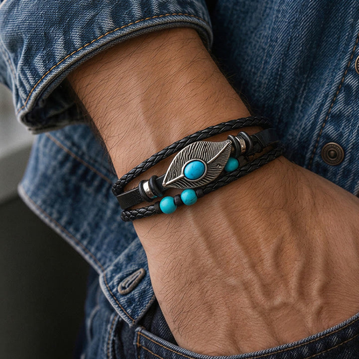 Boho-Western-Lederarmband für Herren mit Feder, Edelsteinen und Magnetverschluss - image 1