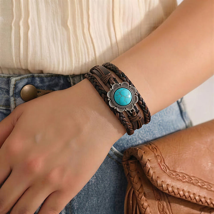 Herrenarmband aus schwarzem Leder im Südwest-Stil mit türkisfarbenen Conchos - image 2