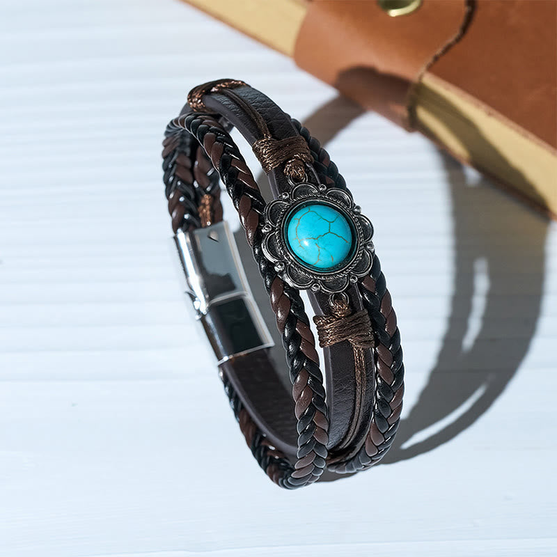 Herrenarmband aus schwarzem Leder im Südwest-Stil mit türkisfarbenen Conchos - Braun - image 0