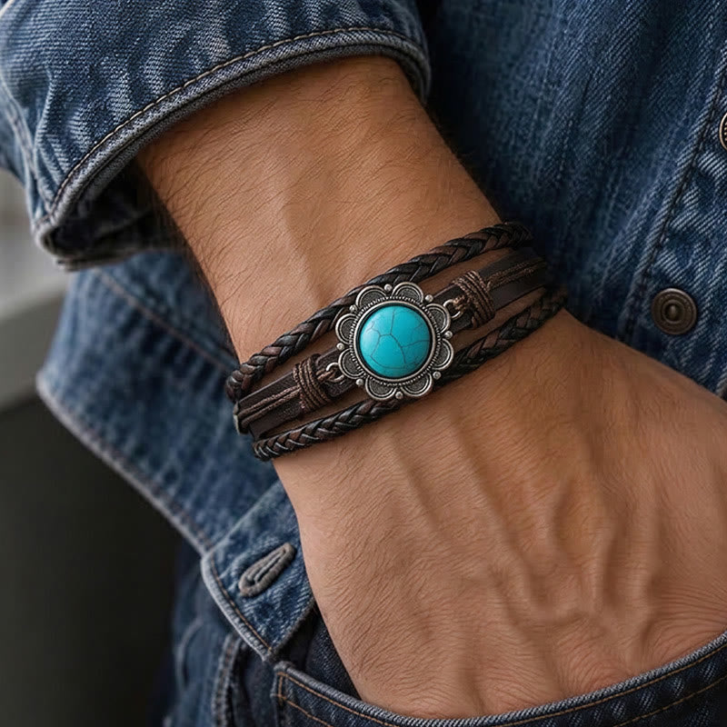 Herrenarmband aus schwarzem Leder im Südwest-Stil mit türkisfarbenen Conchos - image 1