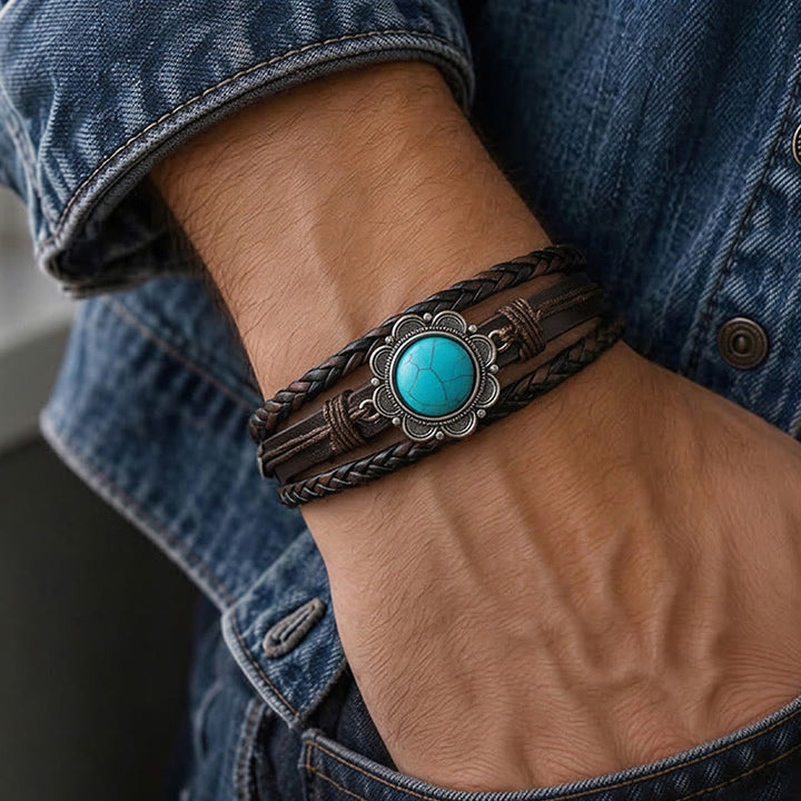 Herrenarmband aus schwarzem Leder im Südwest-Stil mit türkisfarbenen Conchos - image 1