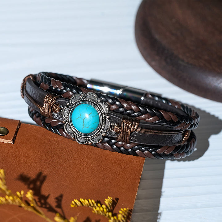 Herrenarmband aus schwarzem Leder im Südwest-Stil mit türkisfarbenen Conchos - image 6